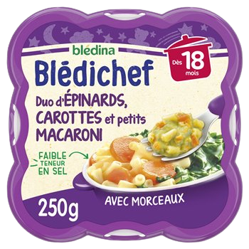 Plat bébé soir Blédichef 18mois Pâtes épinards carotte - 250g